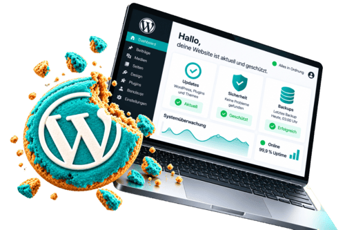 WordPress Wartung: Illustration eines Laptops mit Website-Status für Wartung, Sicherheit, Backups und Performance